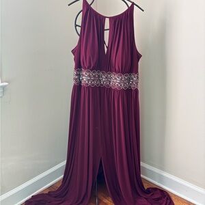 R&M Richards Burgundy Maxi Dress with Embellished Waist